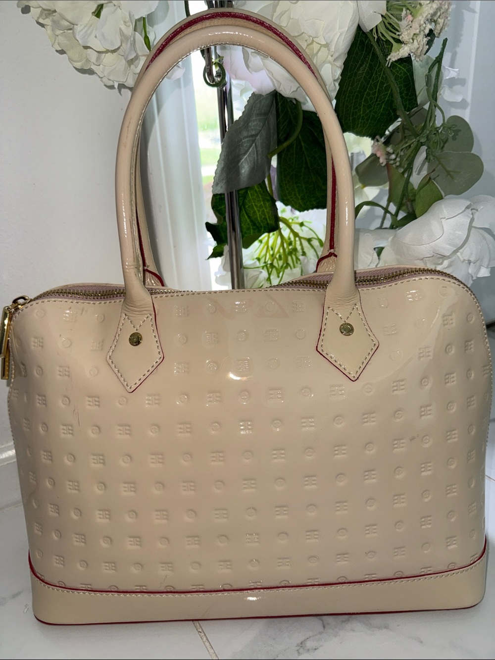 Arcadia Beige Patent Satchel with Red Trim EUC